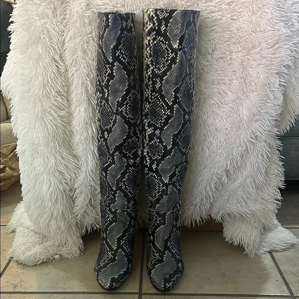Marc Fisher Black and Gray Over the Knee Boots with Snake Print